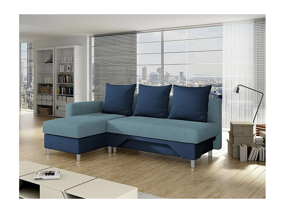 Canapé d'angle Akron 100, Bleu, Fonction de couchage, Boîte de literie, 215x133x95cm