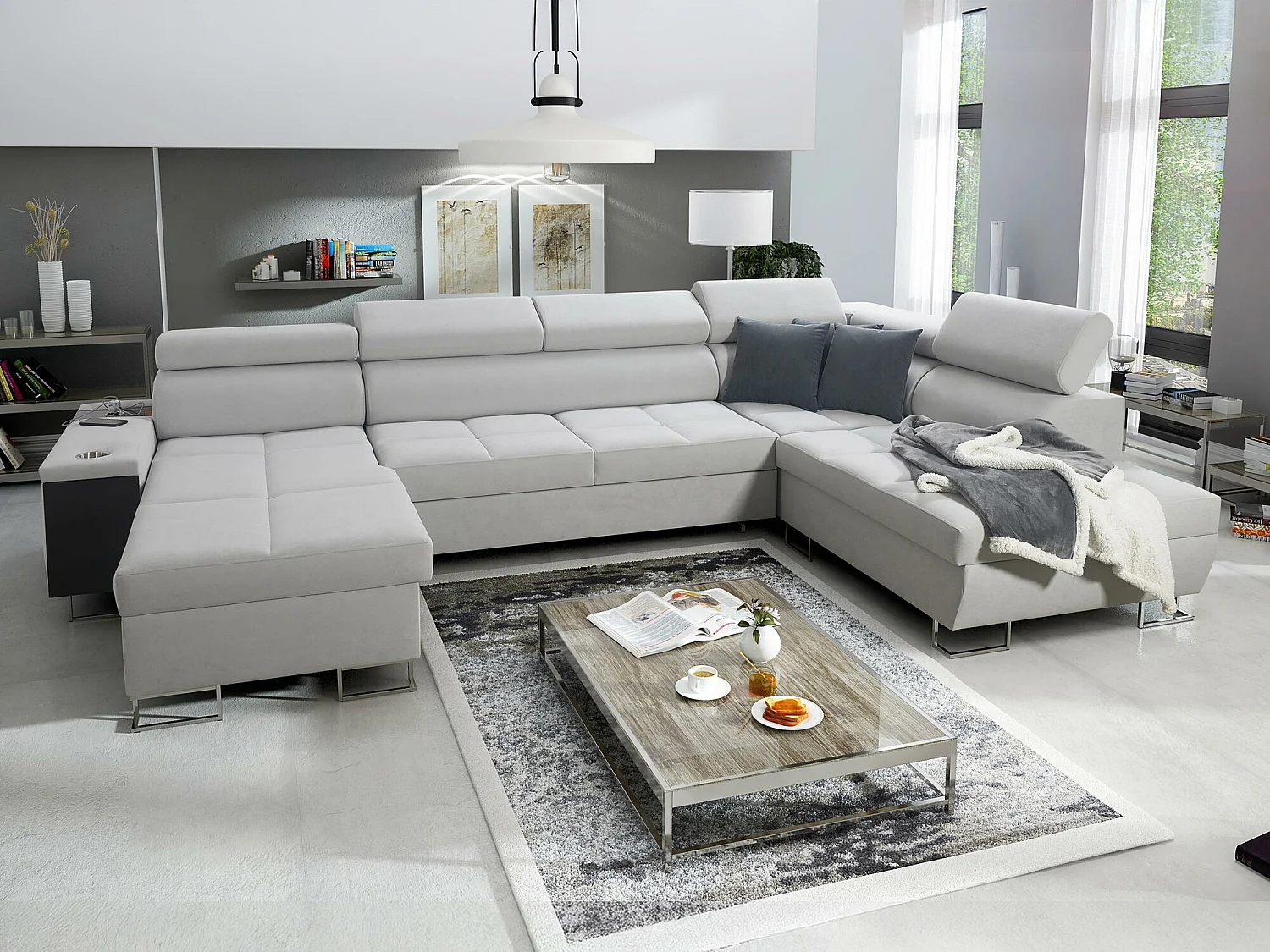 Canapé d'angle Pearland 114, Gris, Fonction de couchage, Boîte de literie, 360x221x84cm