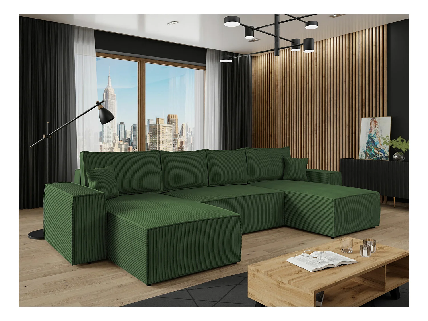 Sofá rinconero Clovis 109, Verde, Función de descanso, Almacenaje, 370x174x94cm