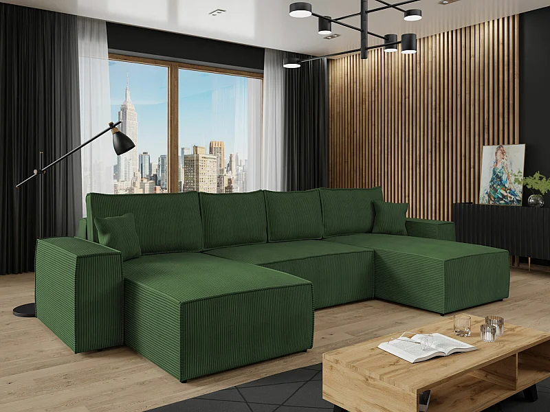 Sofá rinconero Clovis 109, Verde, Función de descanso, Almacenaje, 370x174x94cm