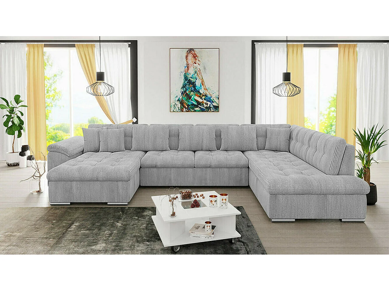 Sofá rinconero Comfivo 128, Gris, Función de descanso, 348x205x76cm