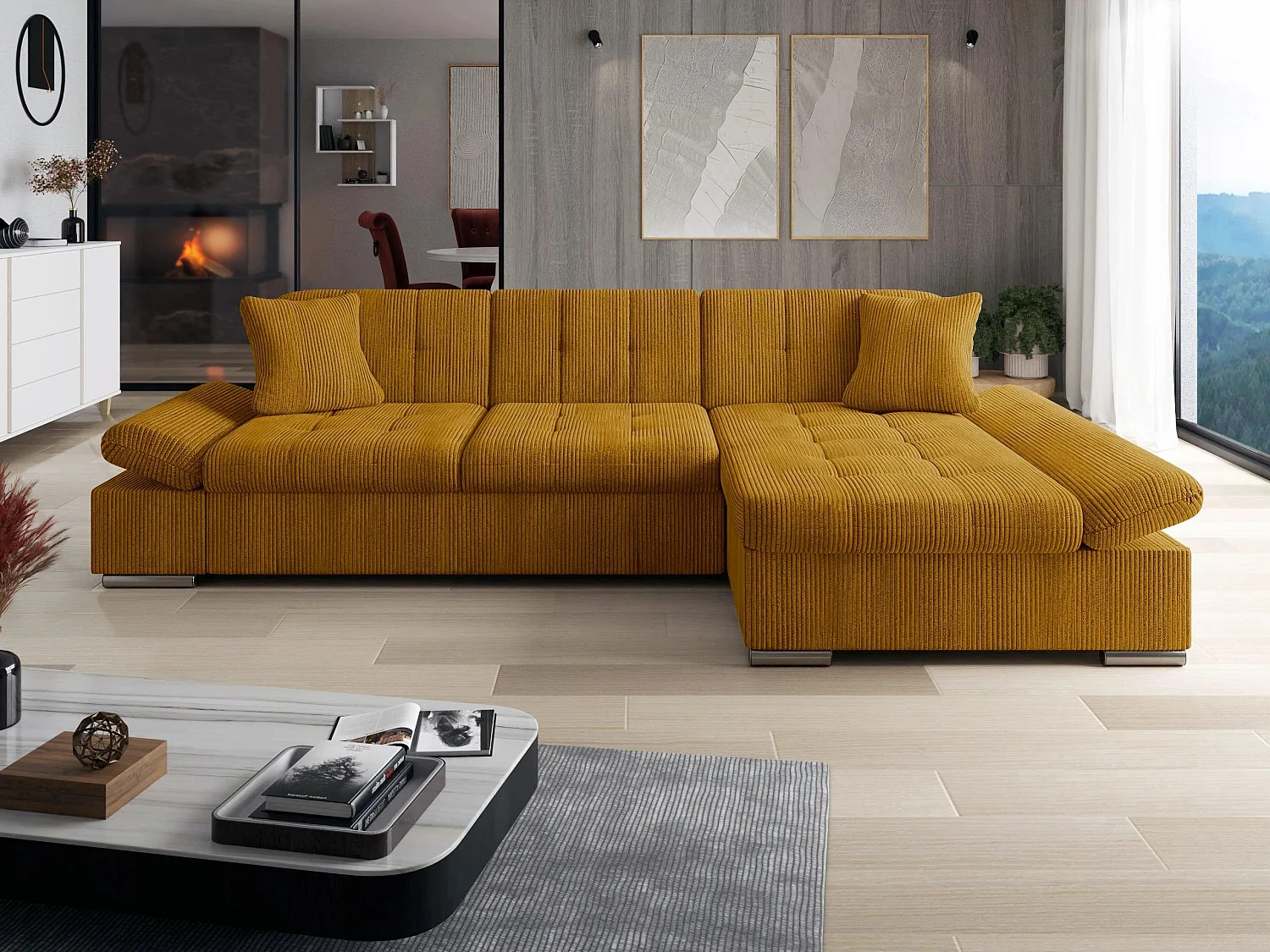 Sofá rinconero Comfivo Sanitas I, Amarillo, Función de descanso, Almacenaje, 278x161x76cm