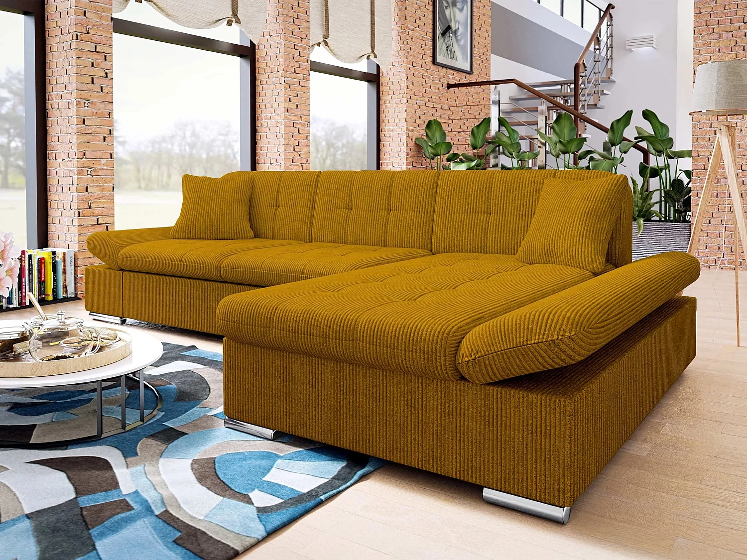 Sofá rinconero Comfivo Sanitas I, Amarillo, Función de descanso, Almacenaje, 278x161x76cm