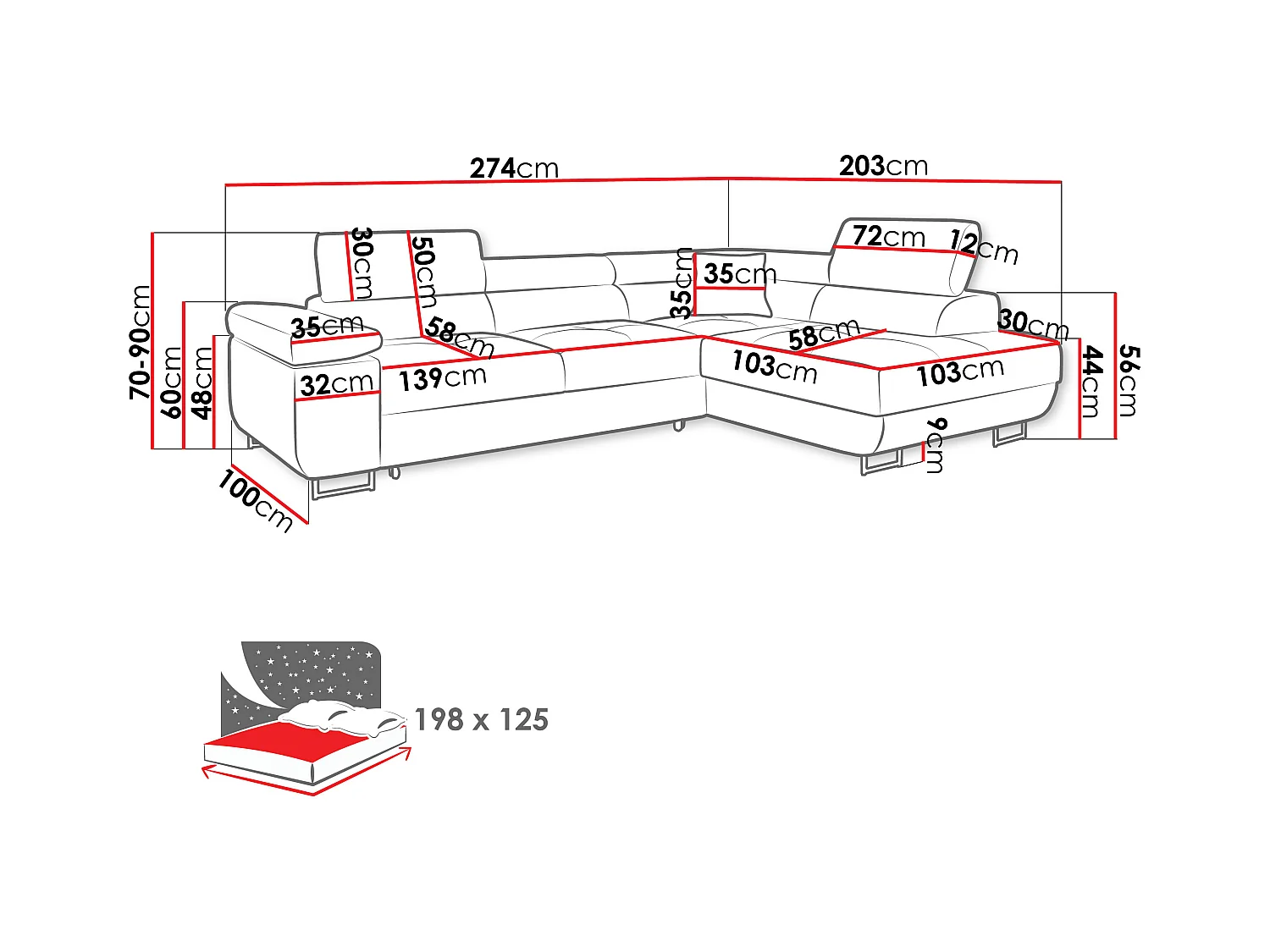 Canapé d'angle Comfivo Eliferu 100, Noir, Fonction de couchage, Boîte de literie, 274cm