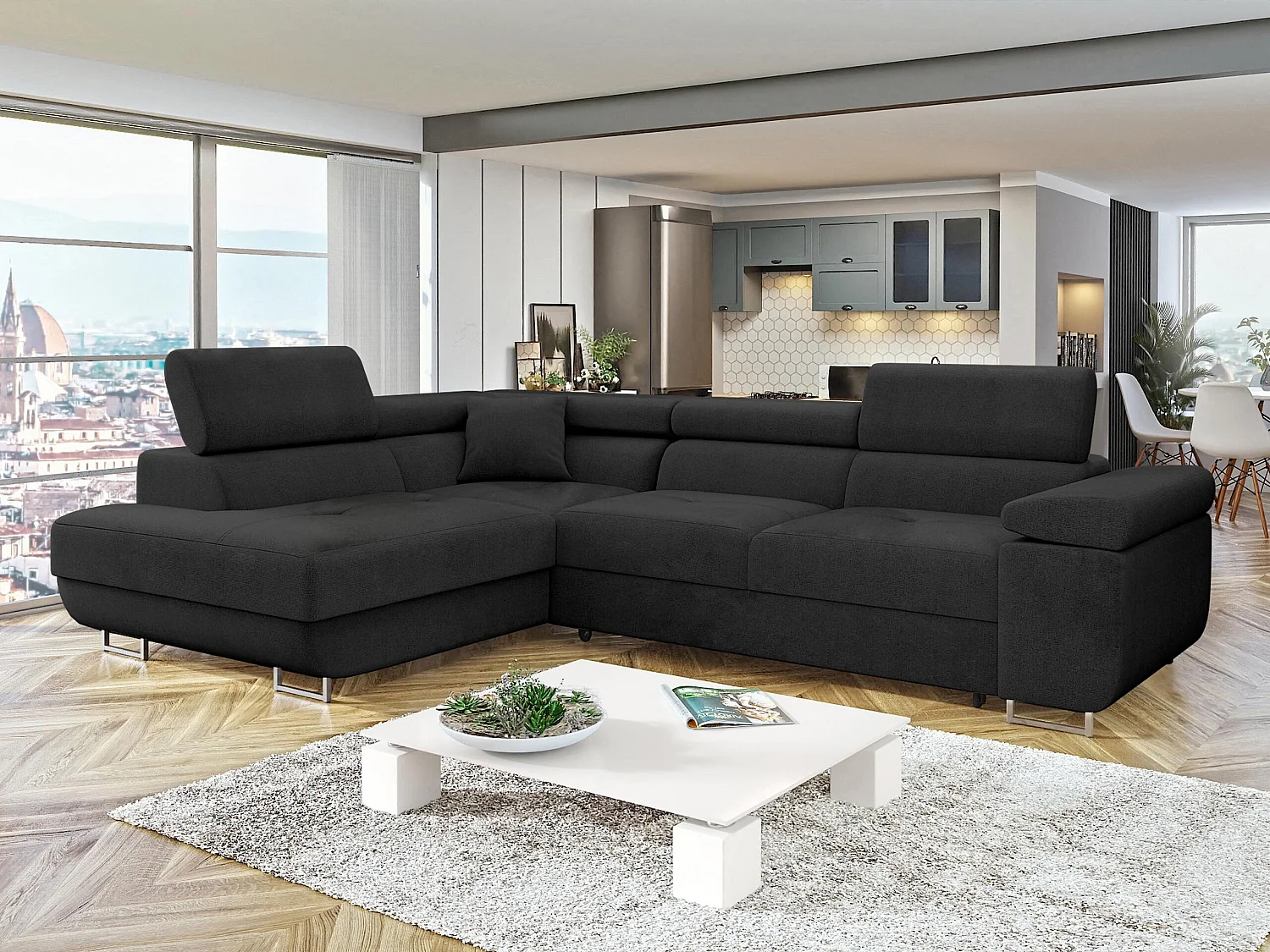 Canapé d'angle Comfivo Vinetum, Noir, Disponible, 274x203x70cm