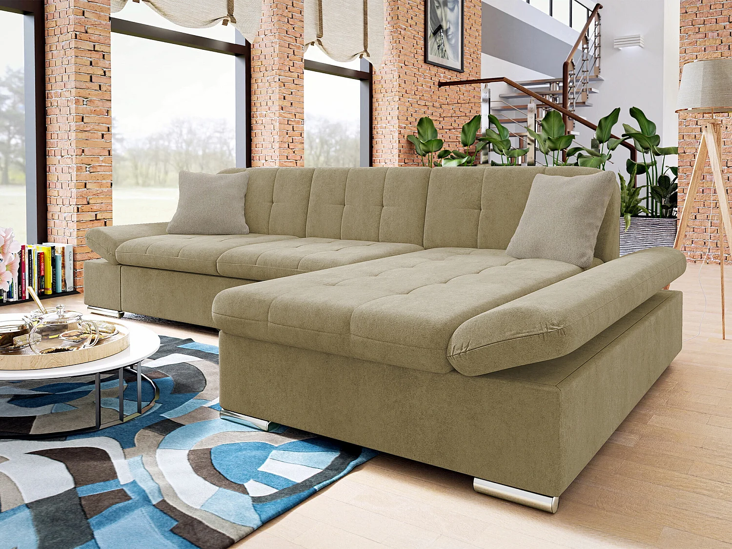 Sofá rinconero Comfivo 152, De color marrón claro, Función de descanso, Almacenaje, 278cm