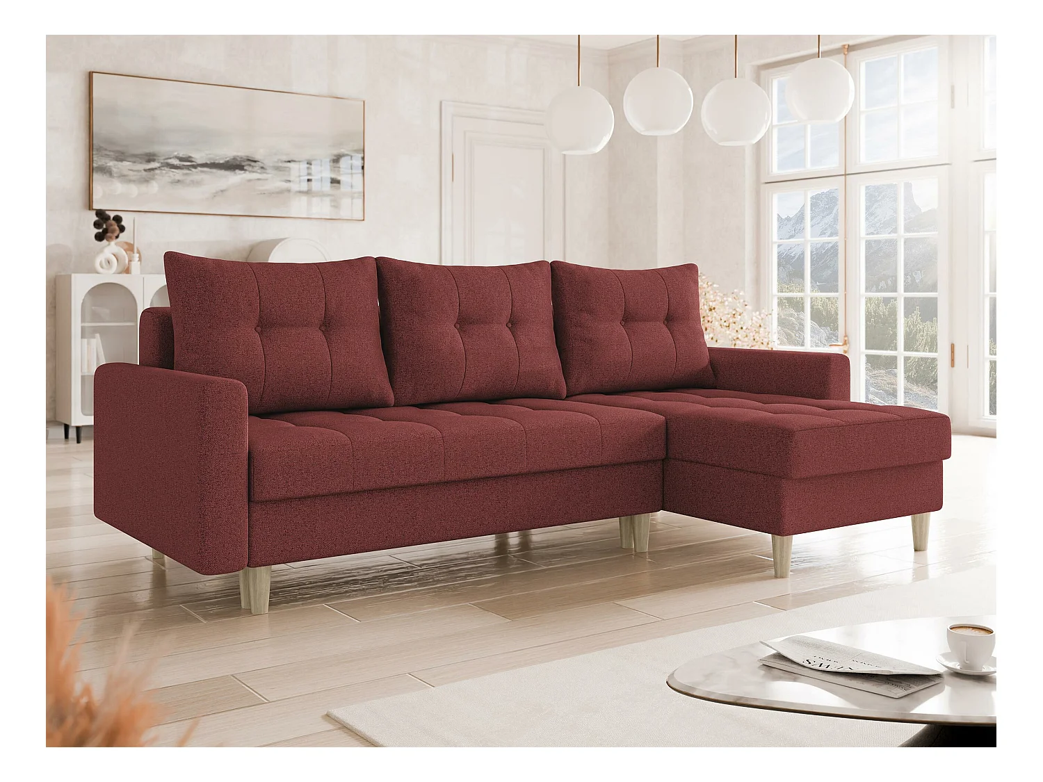 Canapé d'angle Boulder 100, Rose, Fonction de couchage, Boîte de literie, 222x140x90cm