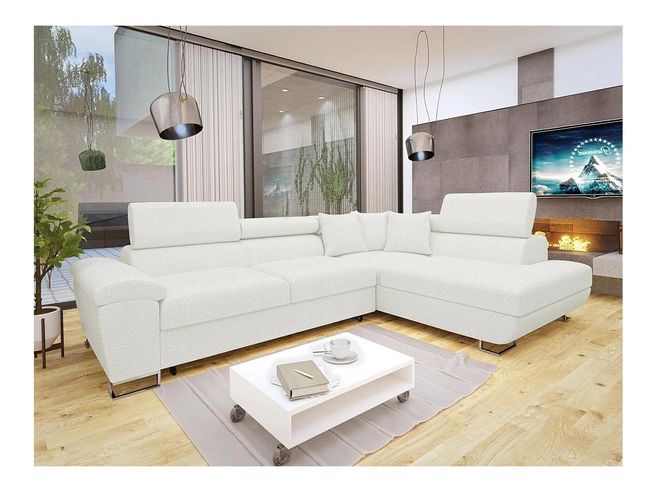 Canapé d'angle Comfivo 290, Blanc, Fonction de couchage, Boîte de literie, 270x202x71cm