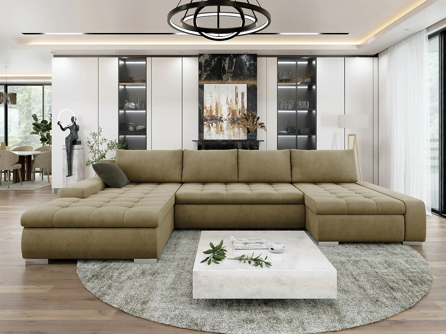 Sofá rinconero Comfivo 106, De color marrón claro, Función de descanso, Almacenaje, 394cm