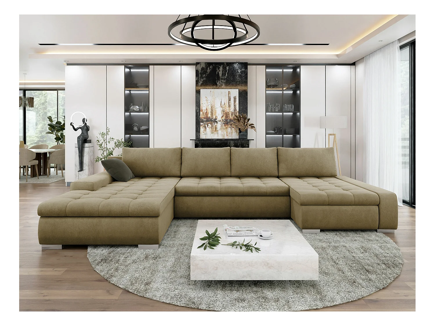 Canapé d'angle Comfivo 106, Brun clair, Fonction de couchage, Boîte de literie, 394x213cm