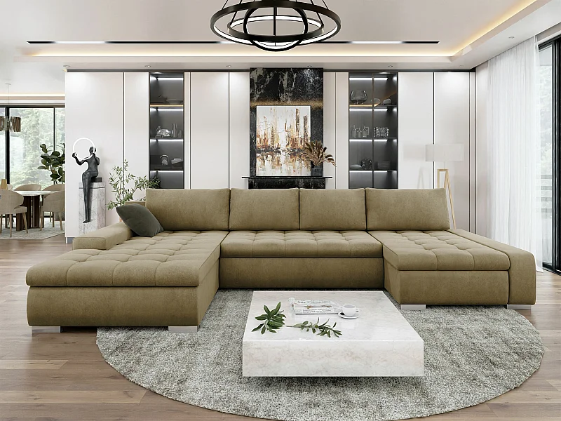 Sofá rinconero Comfivo 106, De color marrón claro, Función de descanso, Almacenaje, 394cm