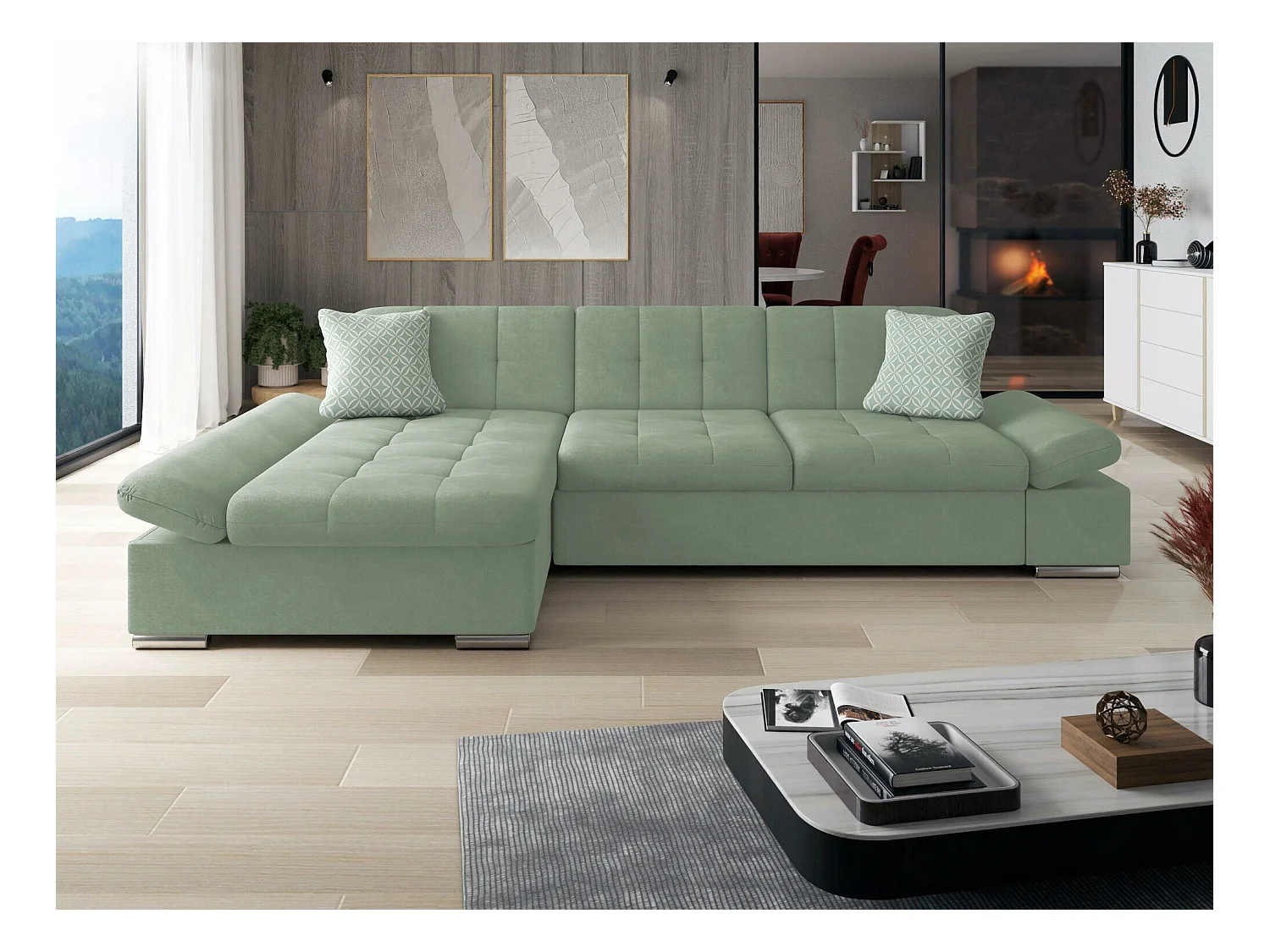 Canapé d'angle Comfivo 152, Vert, Fonction de couchage, Boîte de literie, 278x161x76cm