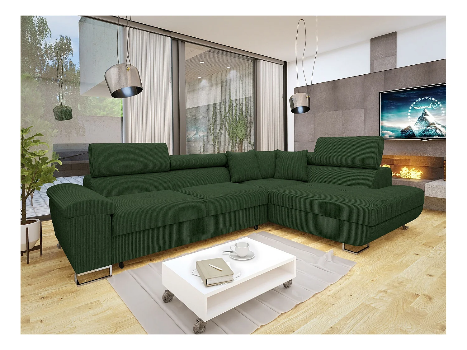Canapé d'angle Comfivo 139, Vert, Fonction de couchage, Boîte de literie, 270x202x71cm