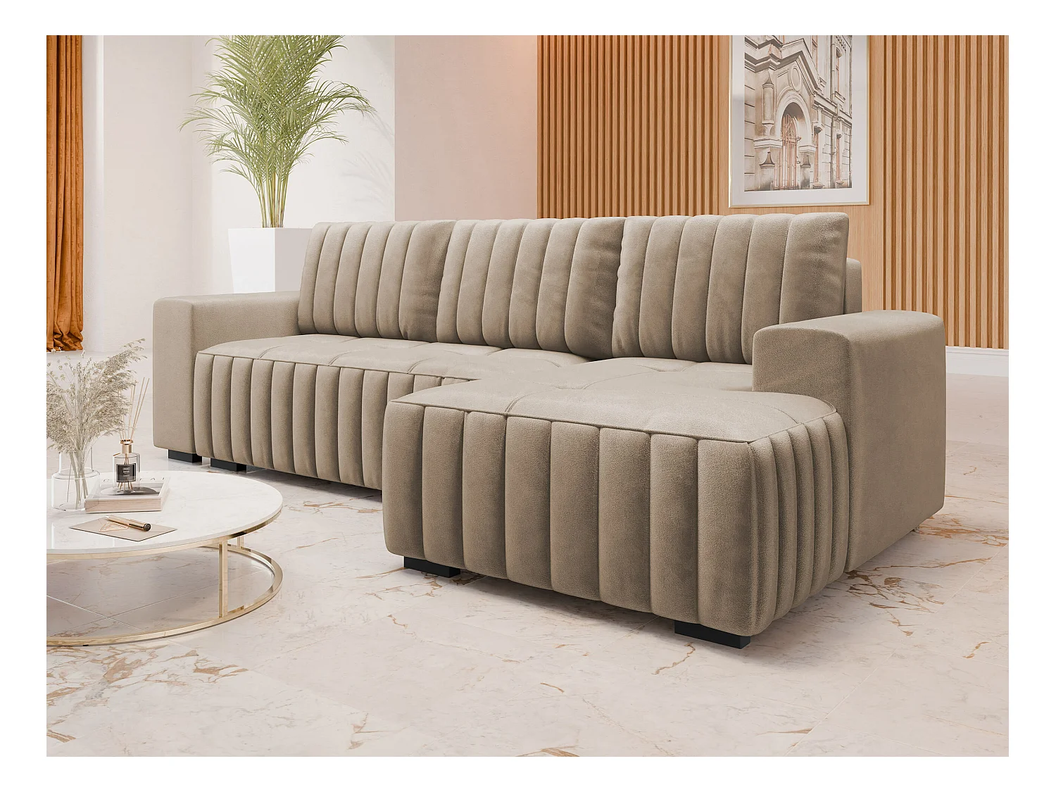 Canapé d'angle Columbus 154, Brun clair, Fonction de couchage, Boîte de literie, 240x85cm