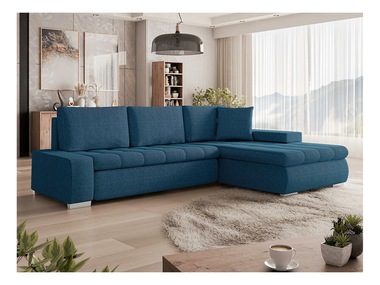 Canapé d'angle Comfivo 112, Turquoise, Fonction de couchage, Boîte de literie, 265x185cm
