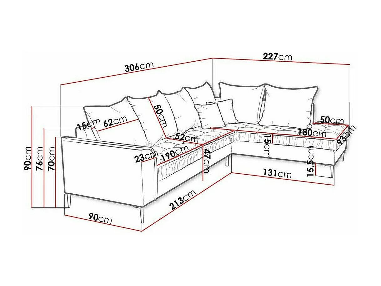 Canapé d'angle Kingsport 113, Gris, 306x227x90cm