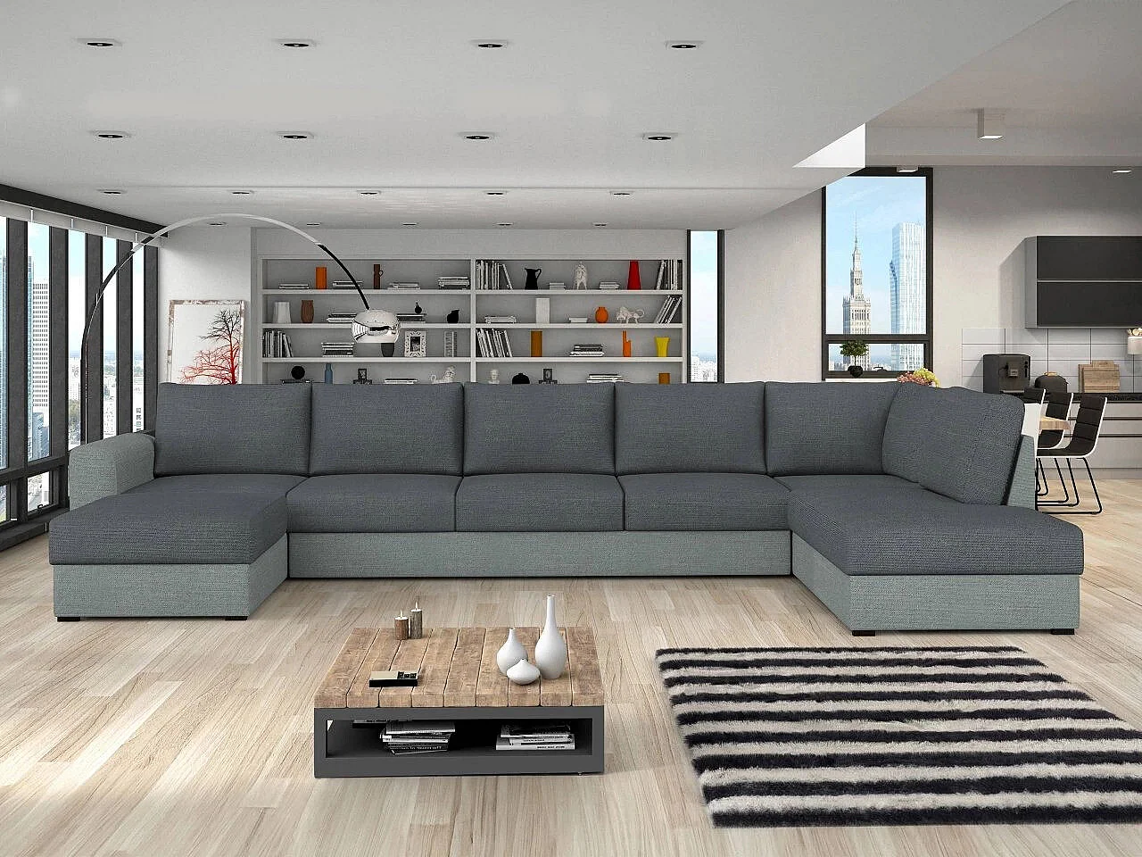 Sofá rinconero Comfivo 191, Gris, Función de descanso, Almacenaje, 370x186x85cm