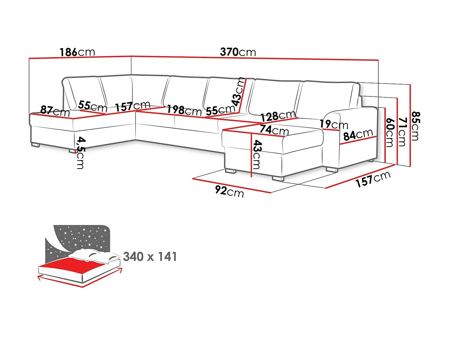 Sofá rinconero Comfivo 191, Gris, Función de descanso, Almacenaje, 370x186x85cm
