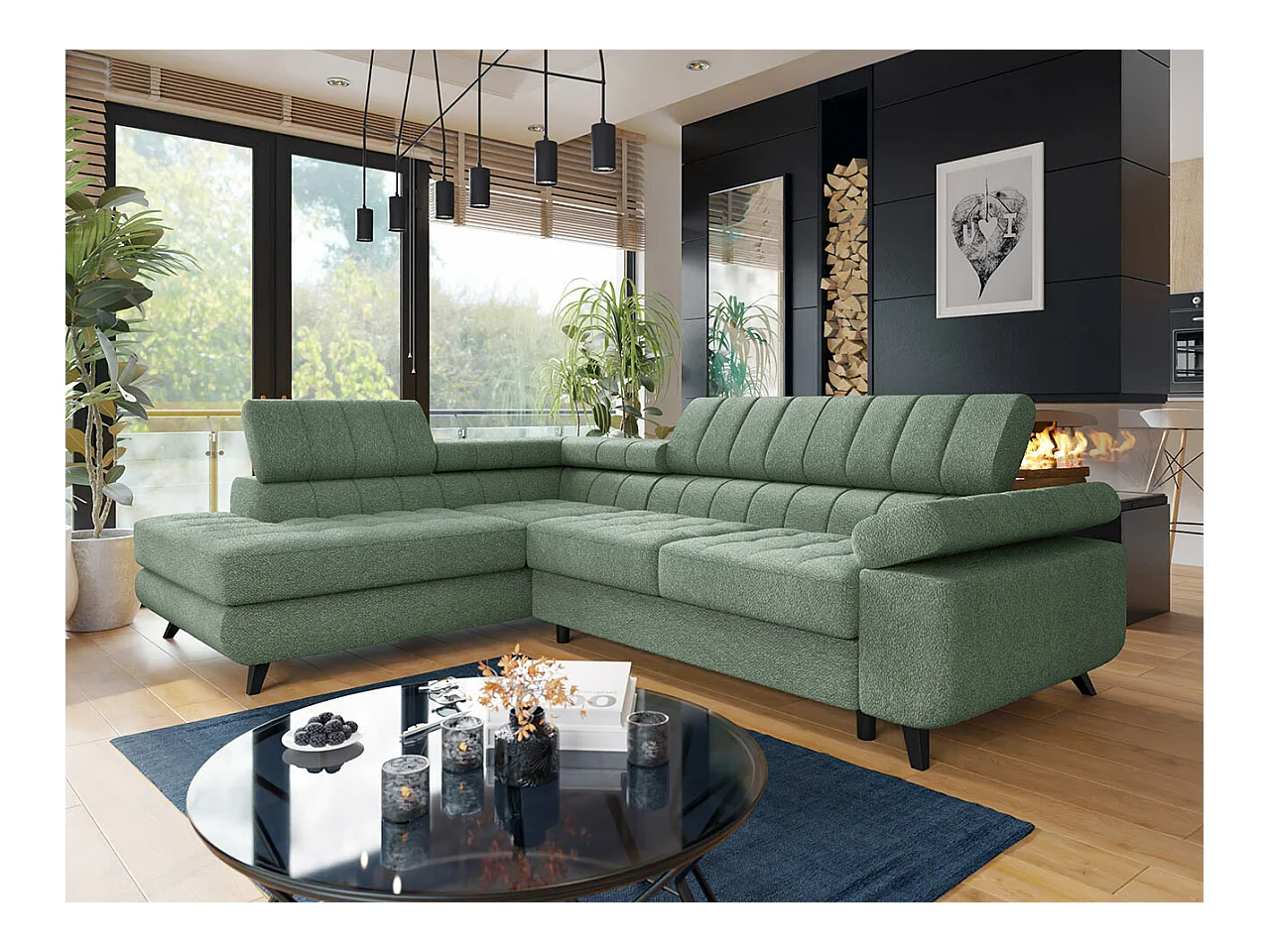 Canapé d'angle Comfivo 207, Vert, Fonction de couchage, Boîte de literie, 264x203x73cm