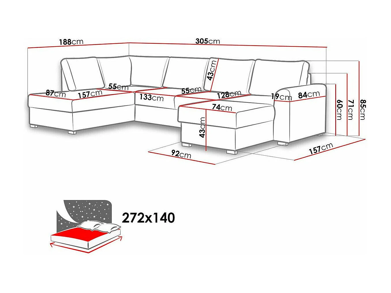 Canapé d'angle Comfivo 261, Rouge, Fonction de couchage, Boîte de literie, 305x188x85cm