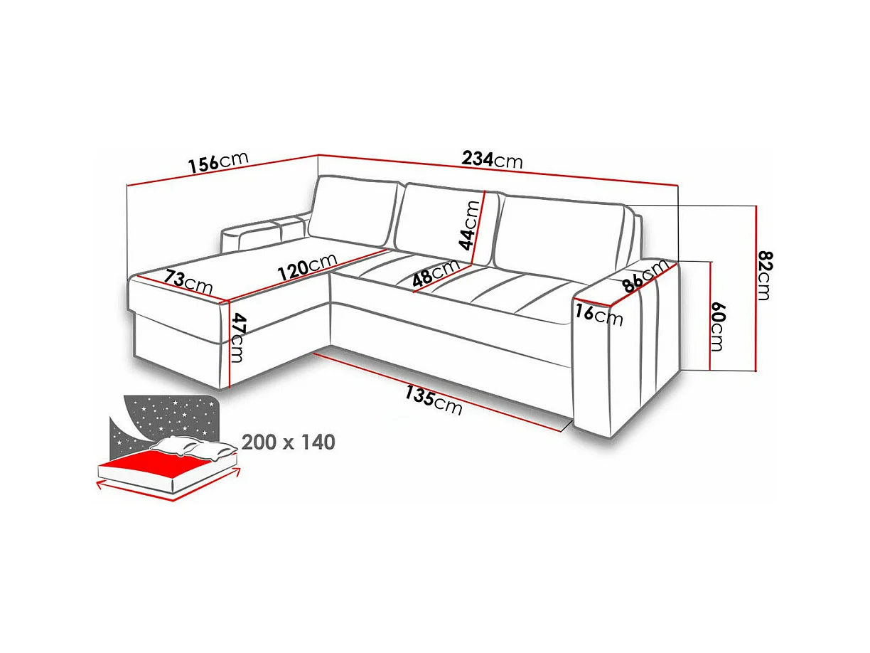 Canapé d'angle Providence 175, Gris, Fonction de couchage, Boîte de literie, 234x156x82cm