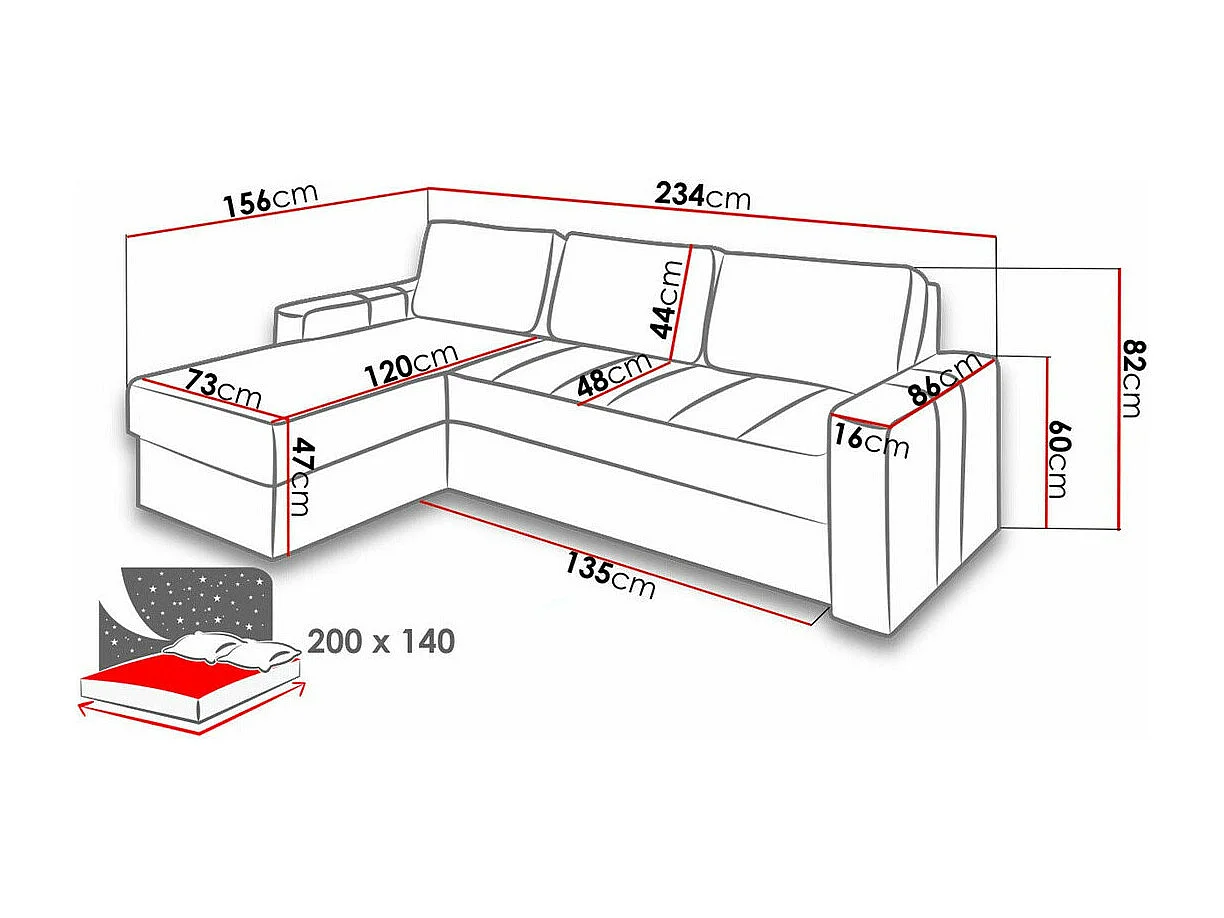 Canapé d'angle Providence 175, Gris, Fonction de couchage, Boîte de literie, 234x156x82cm