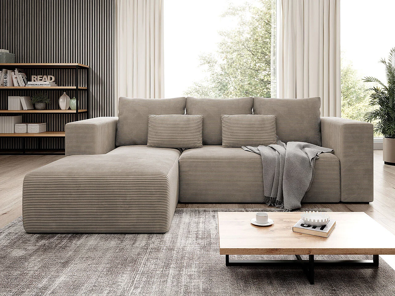 Sofá rinconero Arvada 116, De color marrón claro, Función de descanso, Almacenaje, 255cm