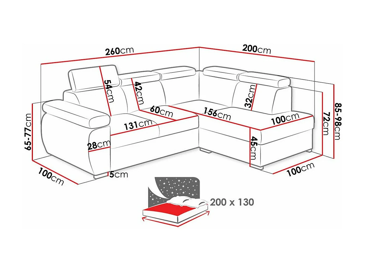 Sofá rinconero Columbus 161, Gris, Función de descanso, Caja de ropa de cama, 260x200cm