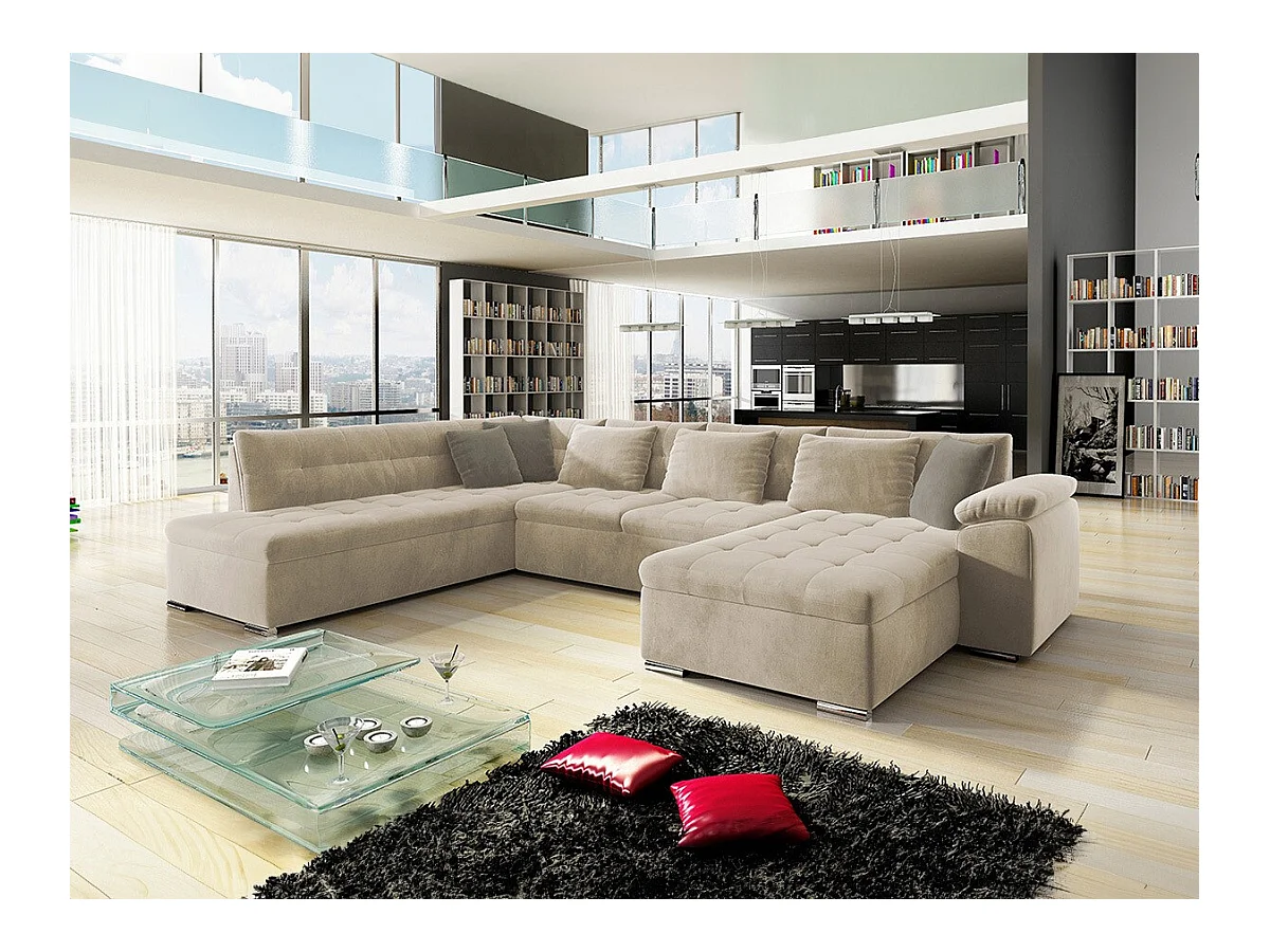 Canapé d'angle Comfivo 128, Brun clair, Fonction de couchage, 348x205x76cm