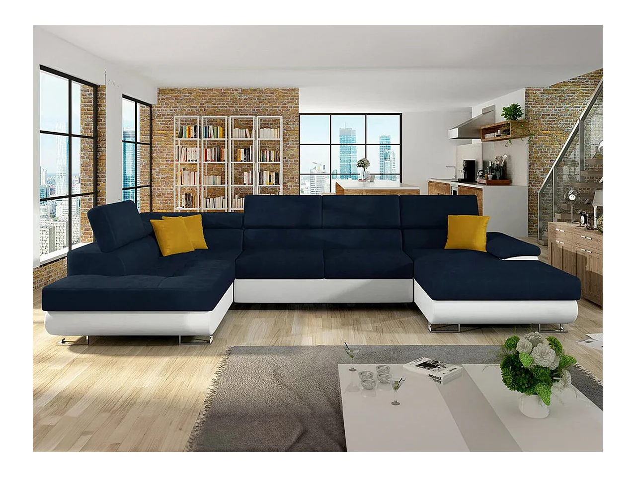 Canapé d'angle Comfivo 190, Bleu, Fonction de couchage, Boîte de literie, 345x202x71cm