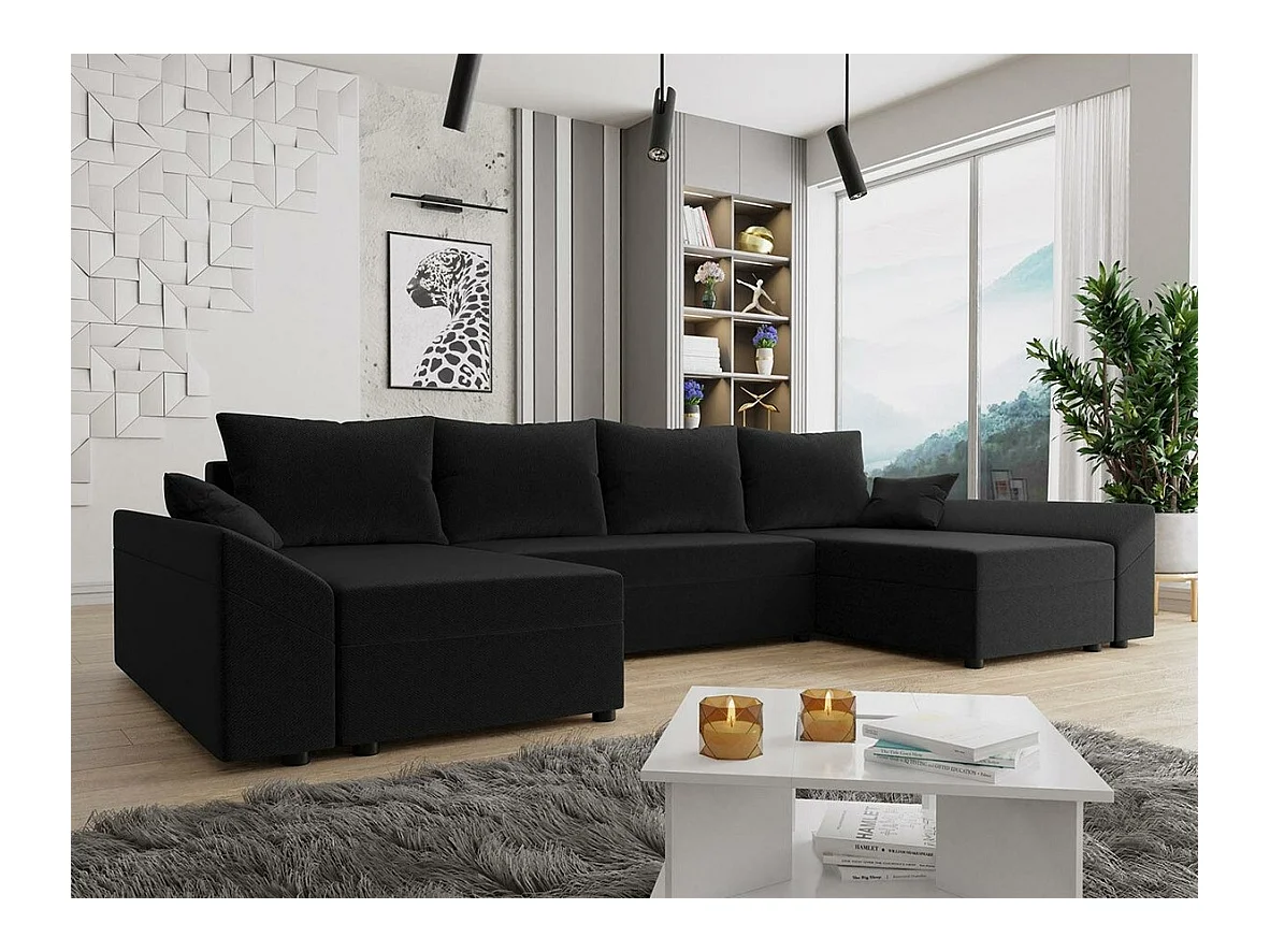 Canapé d'angle Memphis 131, Noir, Fonction de couchage, Boîte de literie, 317x140x82cm