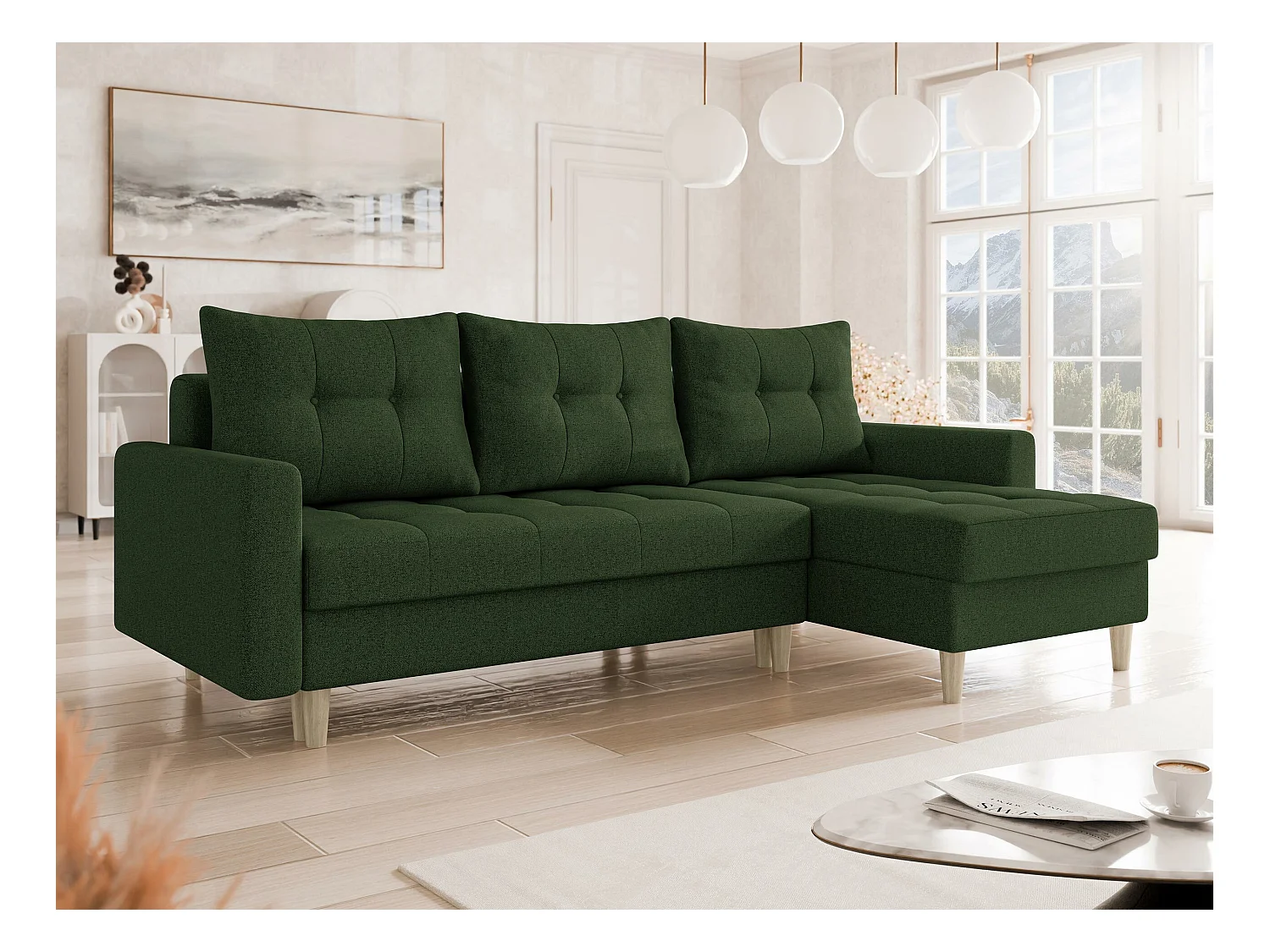 Canapé d'angle Boulder 100, Vert, Fonction de couchage, Boîte de literie, 222x140x90cm
