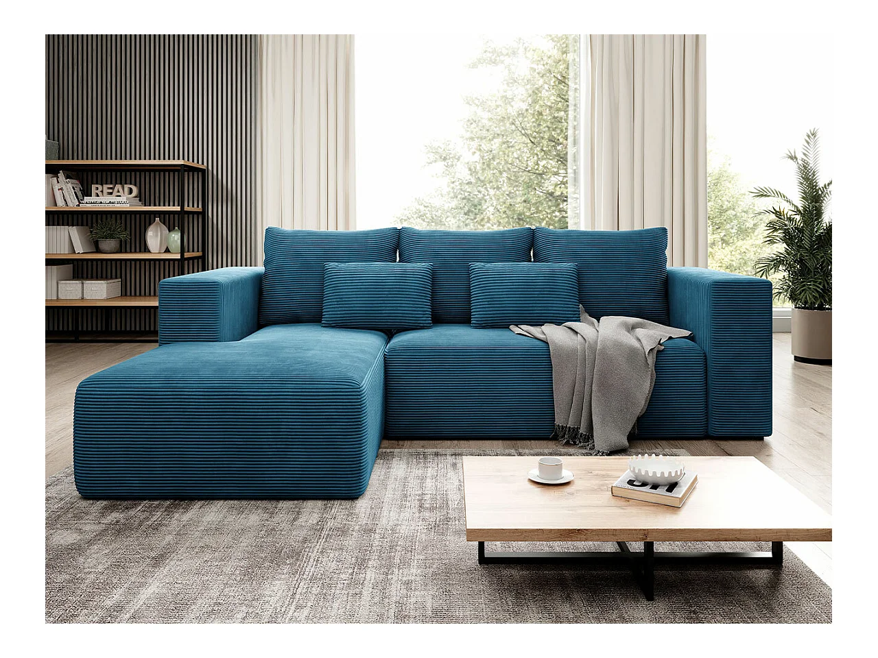 Canapé d'angle Arvada 116, Bleu, Fonction de couchage, Boîte de literie, 255x161x91cm