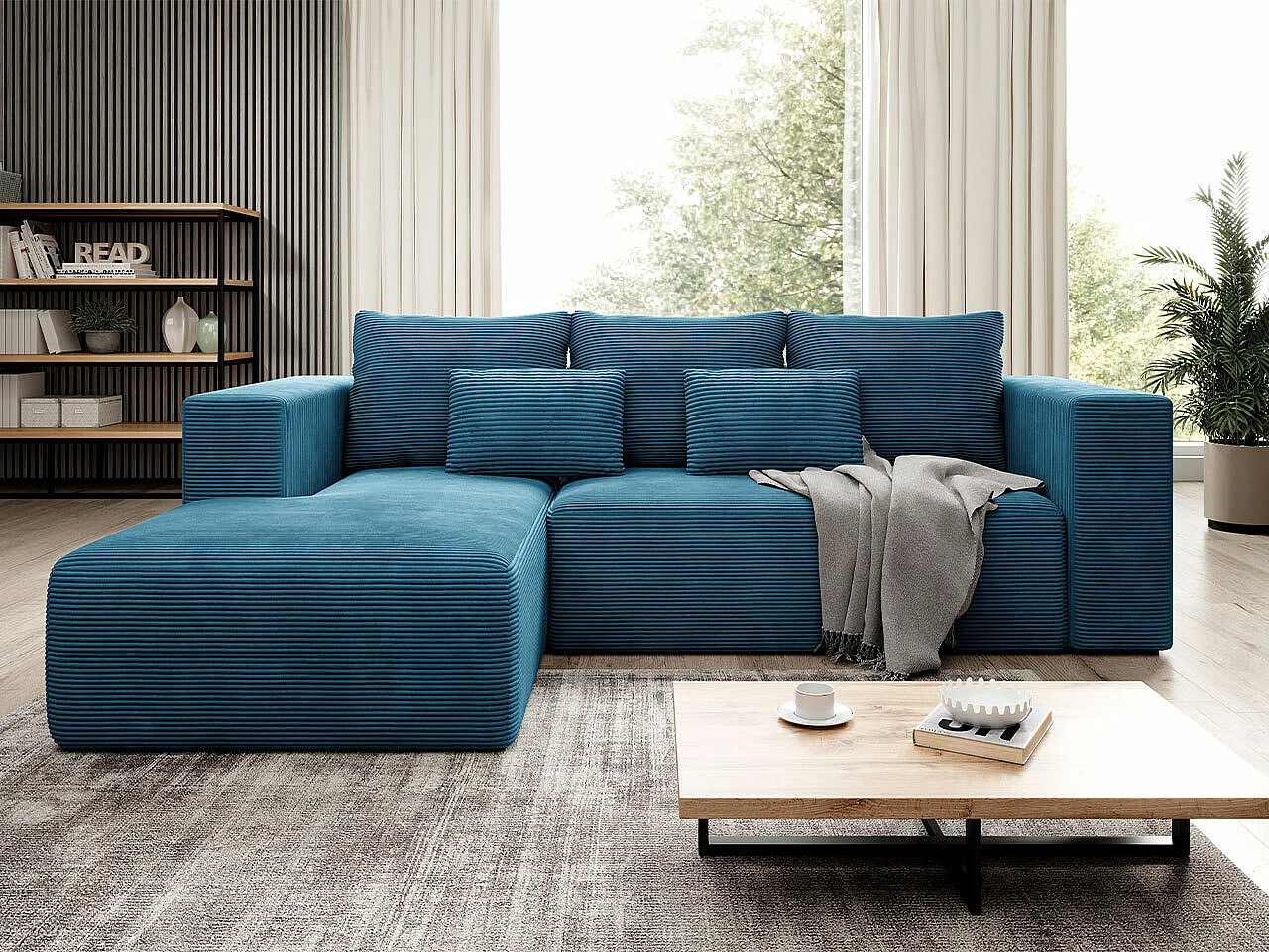 Sofá de canto Arvada 116, Azul, Funcionalidade de dormir, 26x16x9cm