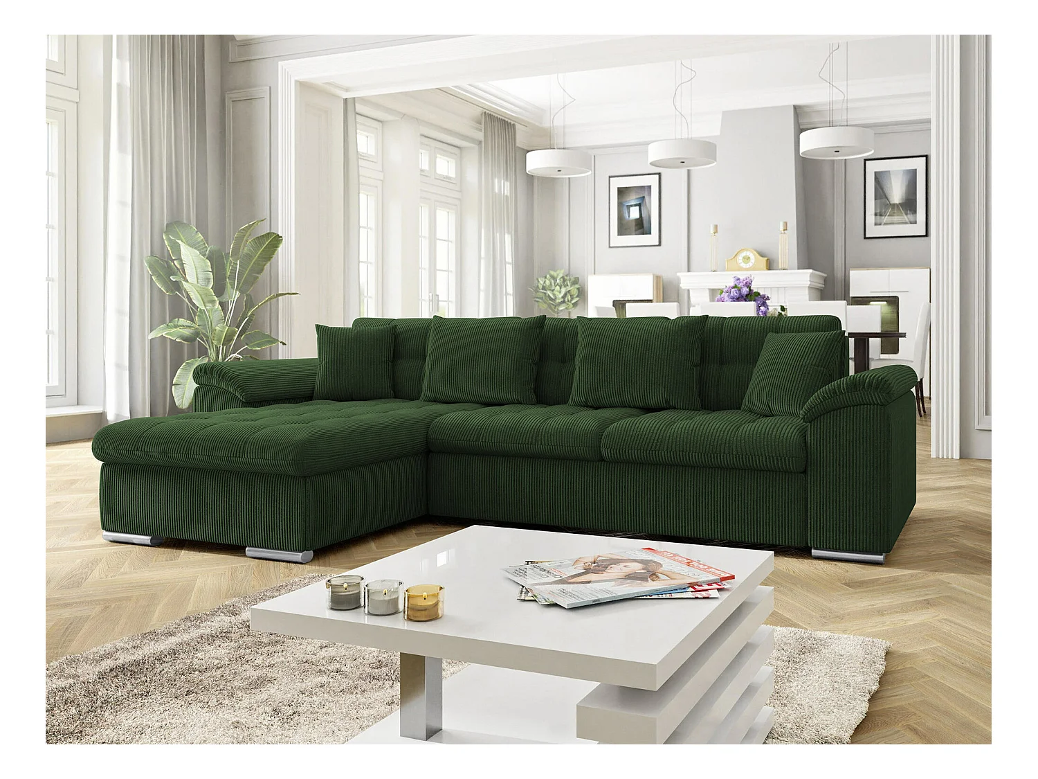 Sofá rinconero Comfivo 107, Verde, Función de descanso, Almacenaje, 280x160x76cm