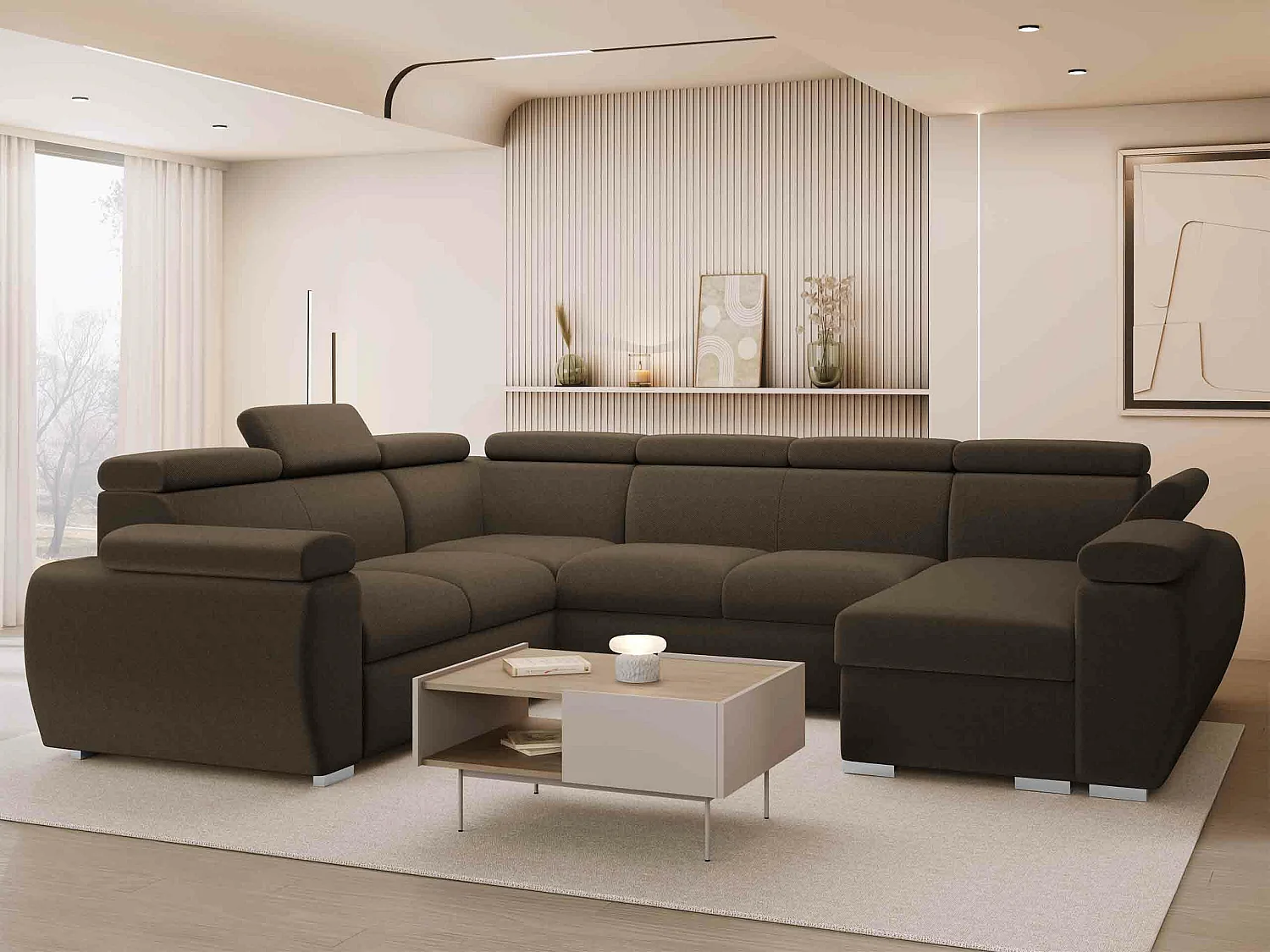 Canapé d'angle Columbus 134, Marron, Disponible, 325x260x85cm