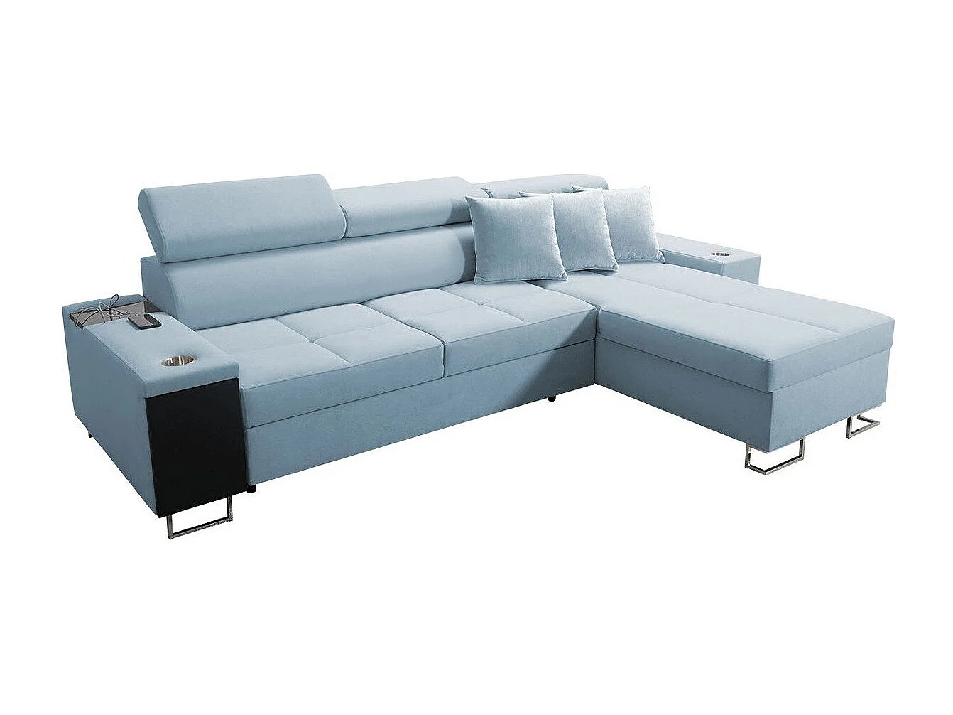 Canapé d'angle Pearland 107, Bleu, Fonction de couchage, Boîte de literie, 272x170x84cm