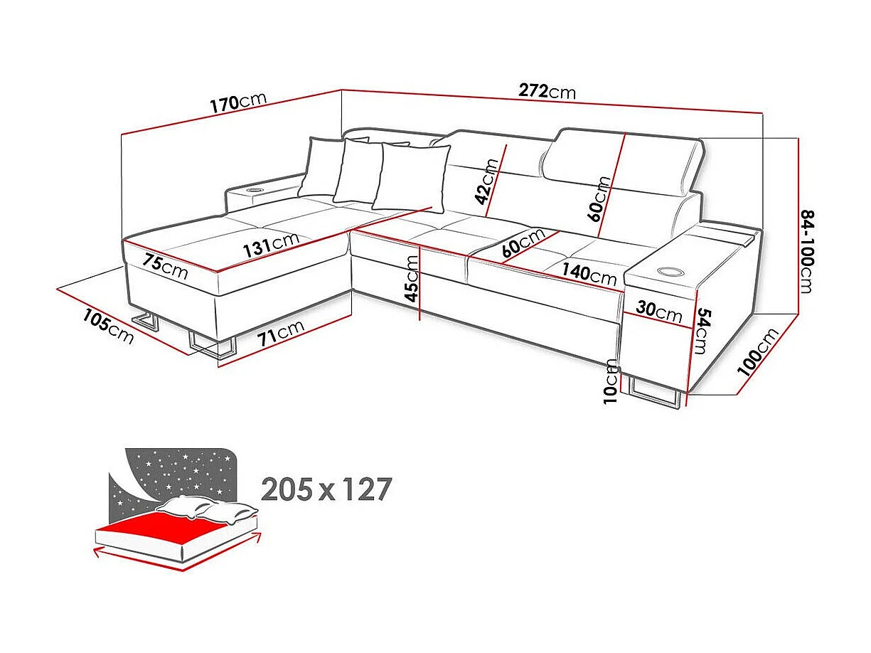 Canapé d'angle Pearland 107, Bleu, Fonction de couchage, Boîte de literie, 272x170x84cm