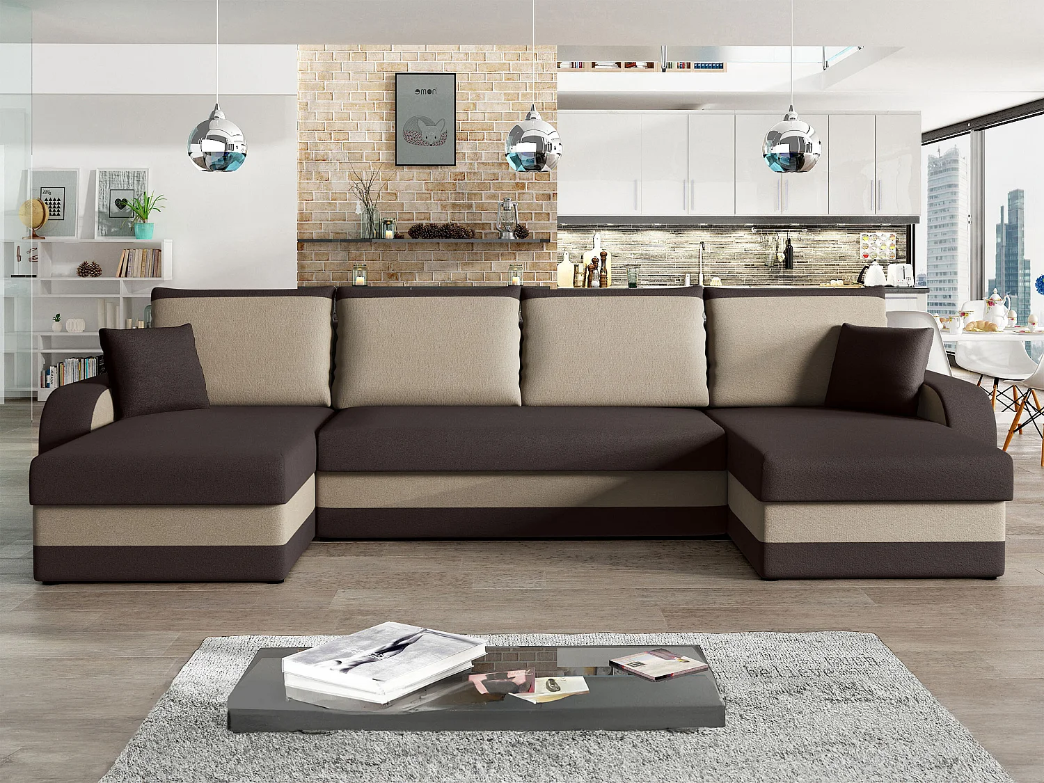 Canapé d'angle convertible 3 places en tissu marron