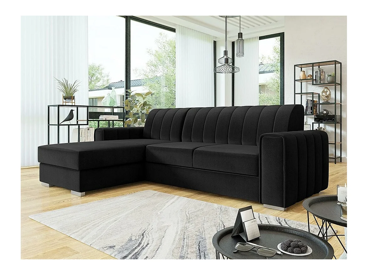 Canapé d'angle Columbus 166, Noir, Fonction de couchage, Boîte de literie, 260x183x86cm