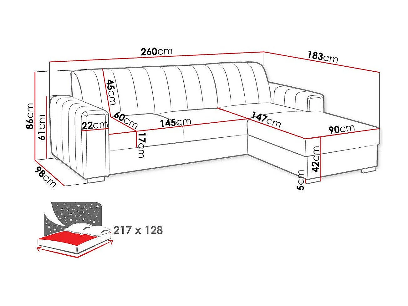 Canapé d'angle Columbus 166, Noir, Fonction de couchage, Boîte de literie, 260x183x86cm