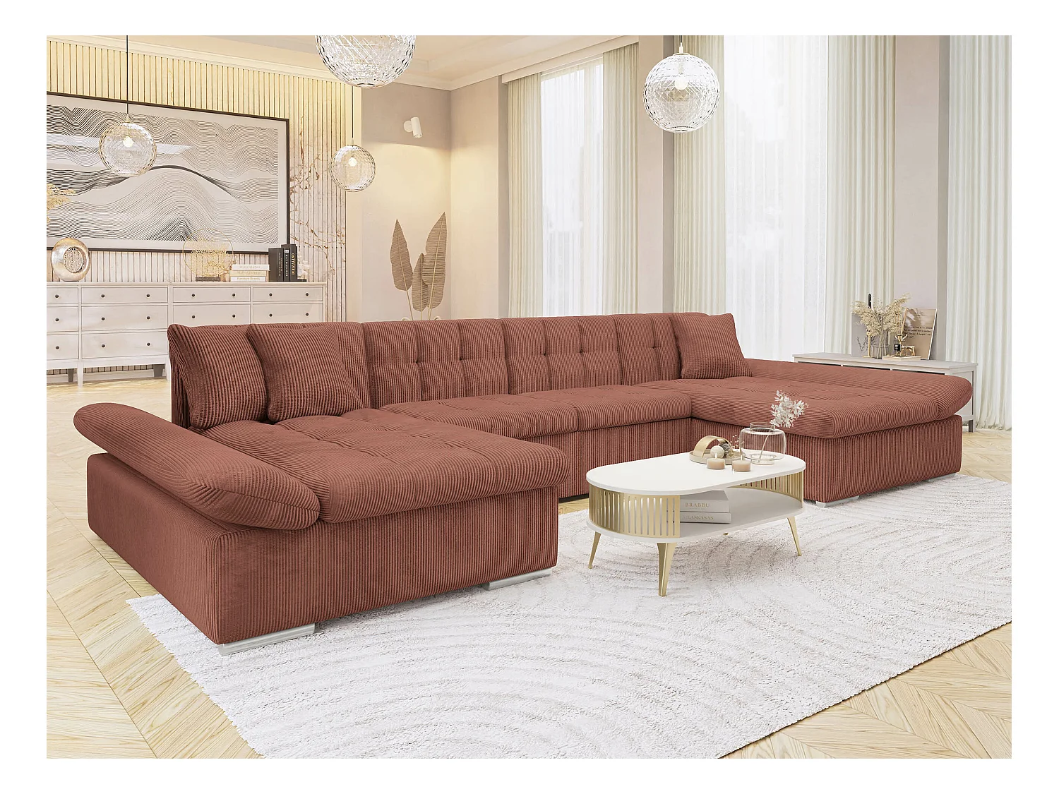 Canapé d'angle Comfivo 155, Rose, Fonction de couchage, Boîte de literie, 360x160x75cm