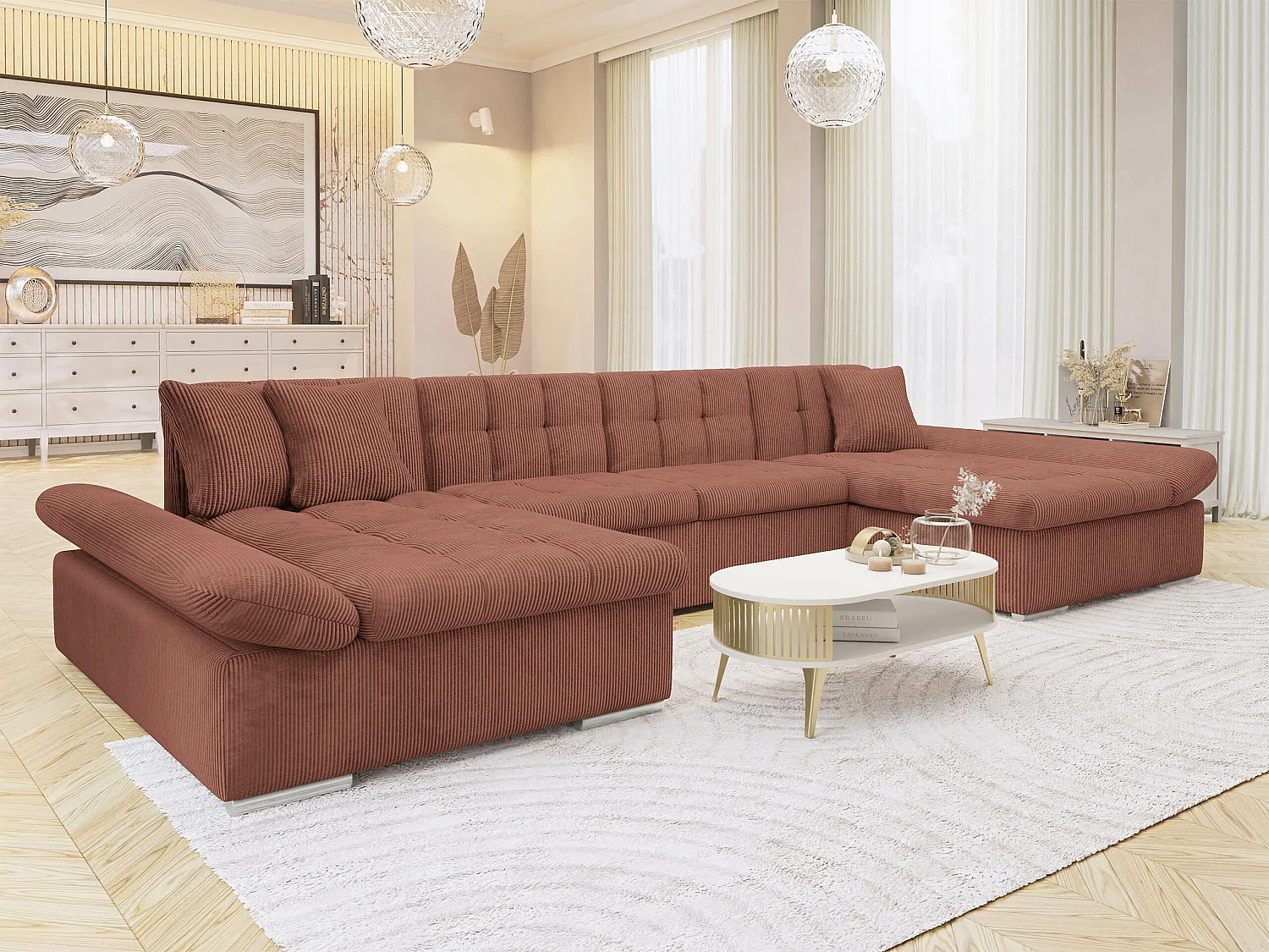 Sofá rinconero Comfivo Ficus, Rosa, Función de descanso, Almacenaje, 360x160x75cm