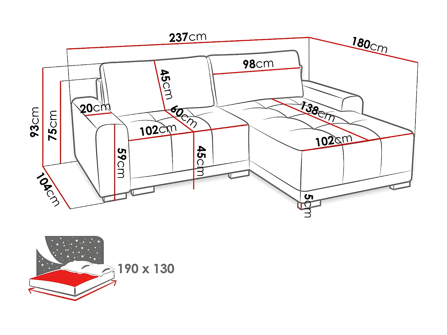 Canapé d'angle Columbus 183, Bleu, Fonction de couchage, Boîte de literie, 237x180x75cm