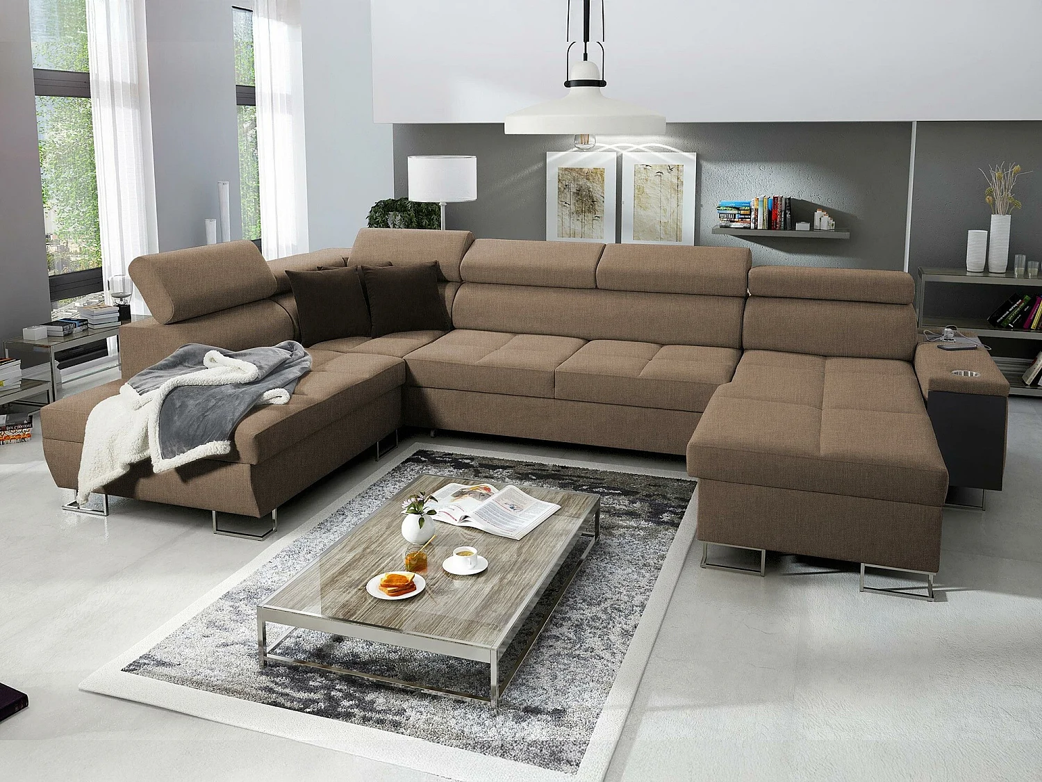 Canapé d'angle Pearland 114, Marron, Fonction de couchage, Boîte de literie, 360x221x84cm