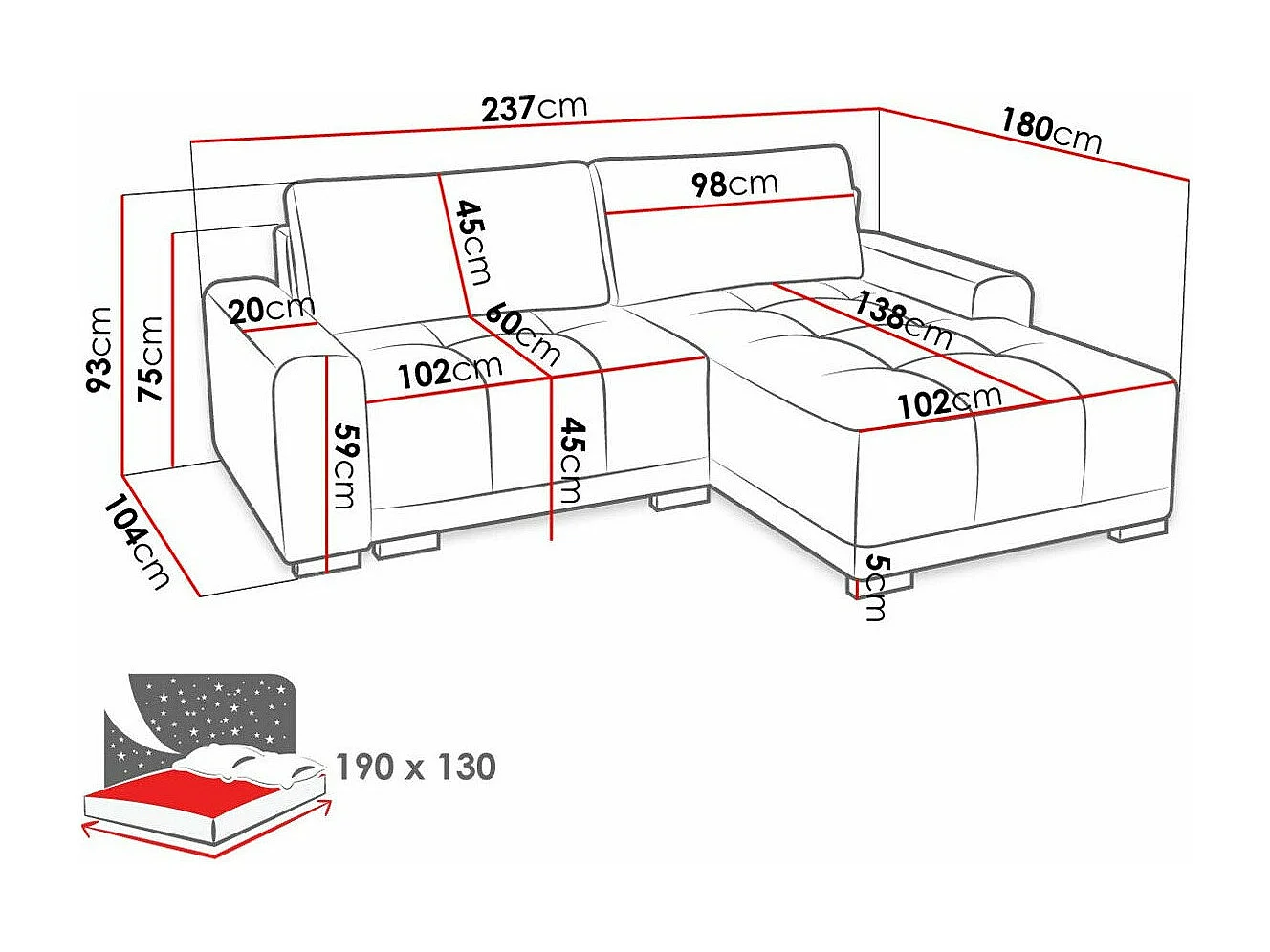 Sofá rinconero Columbus 183, De color marrón claro, Función de descanso, Almacenaje, 75cm