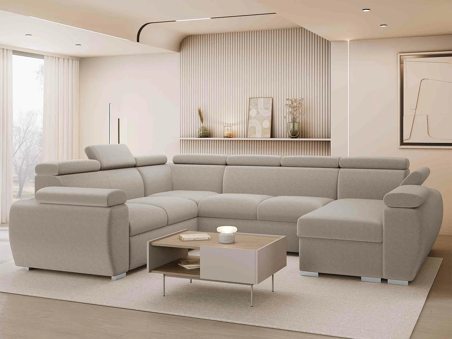 Canapé d'angle Columbus 134, Brun clair, Disponible, 325x260x85cm