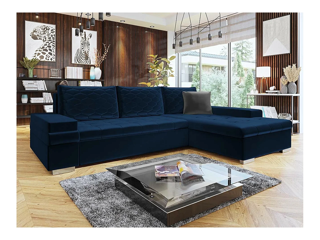 Canapé d'angle Comfivo 212, Bleu, Fonction de couchage, Boîte de literie, 274x182x83cm