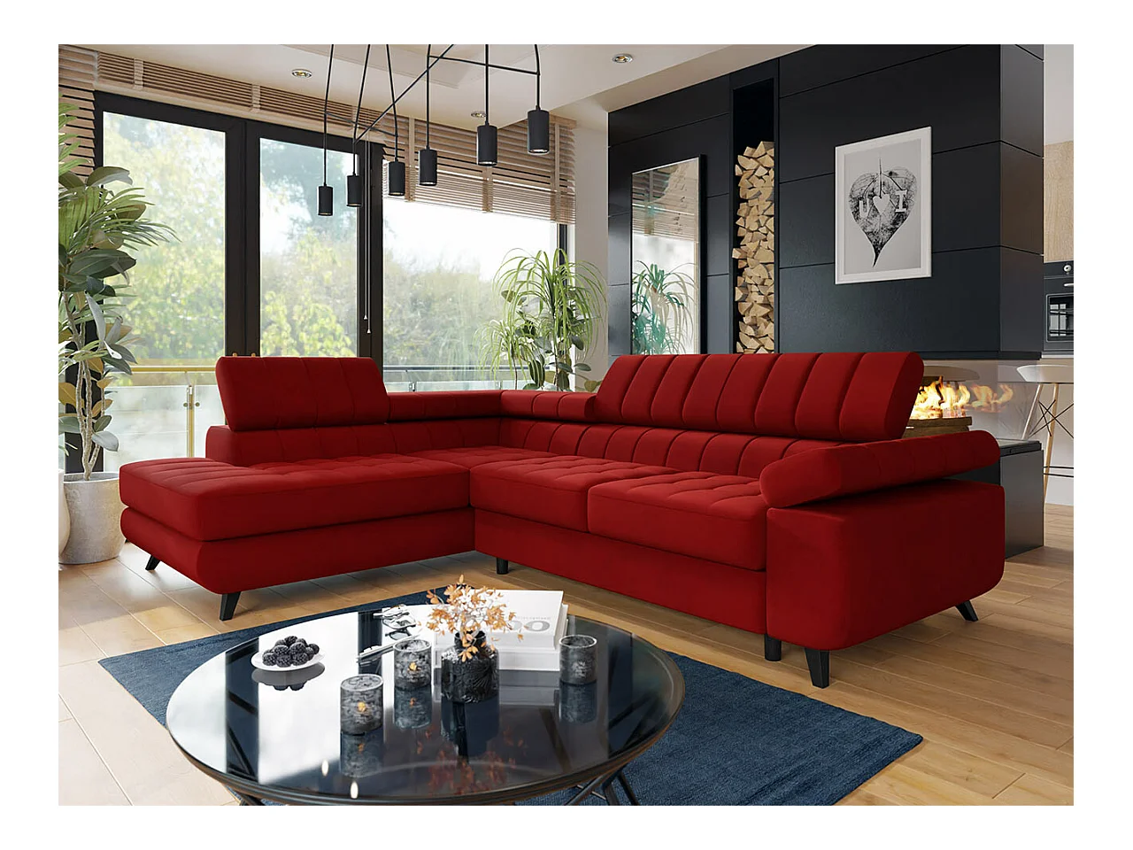 Canapé d'angle Comfivo 207, Rouge, Fonction de couchage, Boîte de literie, 264x203x73cm