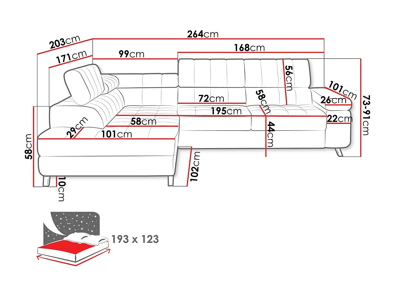 Canapé d'angle Comfivo 207, Rouge, Disponible, 264x203x73cm